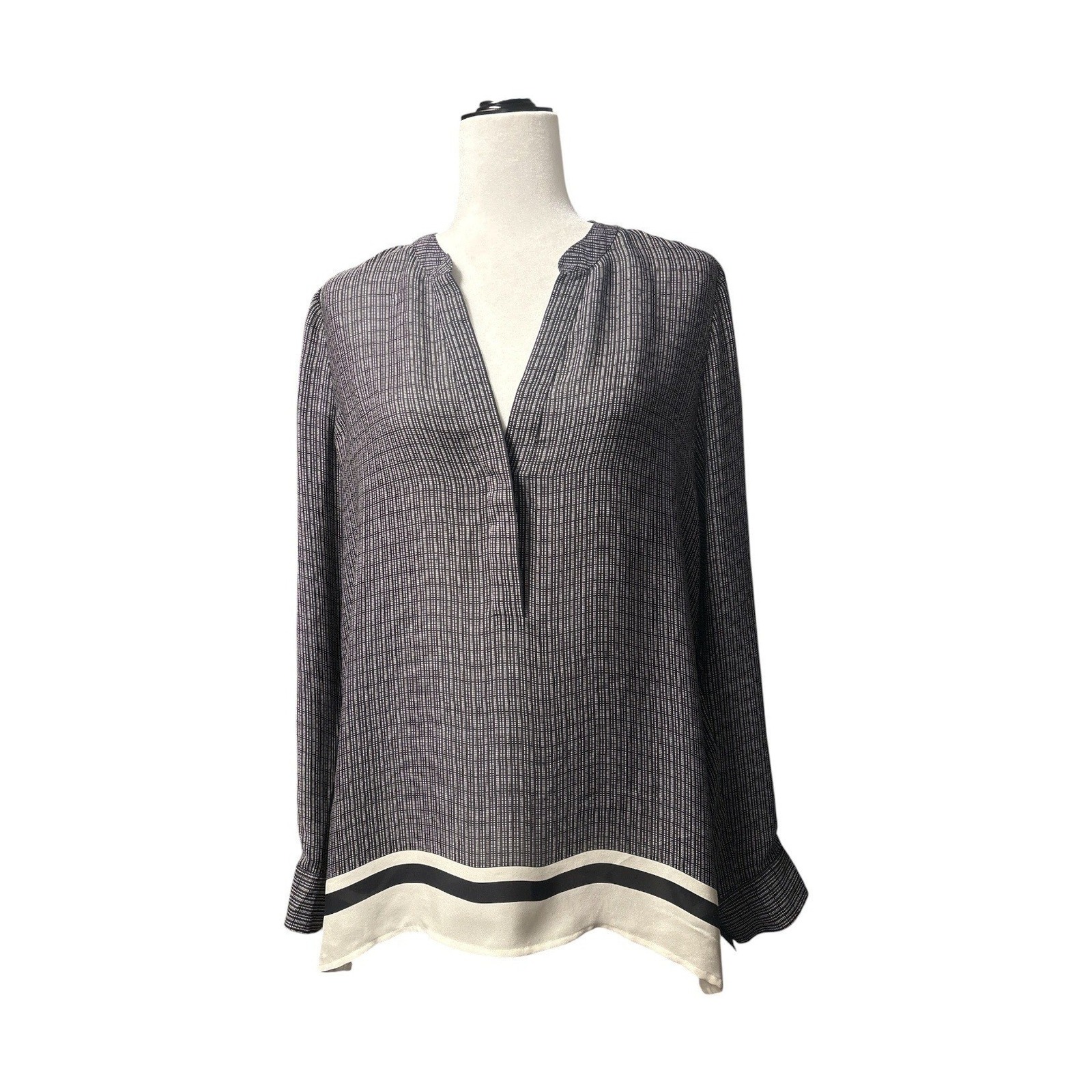 Vince 100% Silk Split Neck Blouse Women's L Black Ivory Border Print